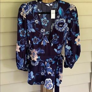 NWT - GAP Size Large Blue Floral Wrap Blouse